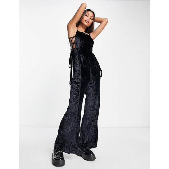 Free People womens 90s Forever Overalls sz XS Black Crushed Velvet Side Zip $168 - Picture 1 of 12